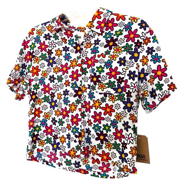 Vans Daisy Stacked Colorful Retro Short Sleeve Button Down Top Size Small - Picture 4 of 5